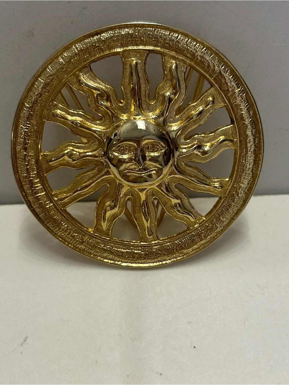 Gold Celestial Sun Face Belt Buckle Set Vintage Omega